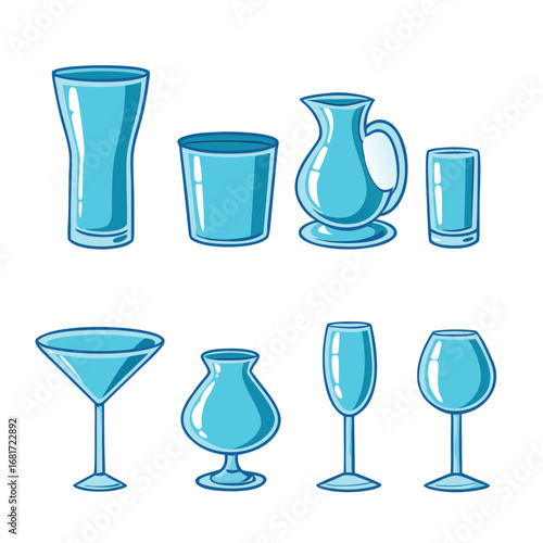 Assorted blue glassware collection vector illustration glasses pitcher