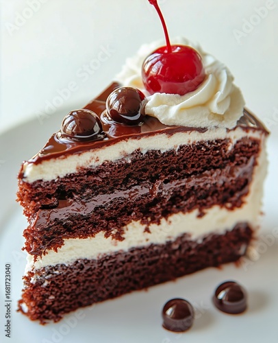 Delicious Chocolate Cake Slice Topped With Cherry and Cream on Plate