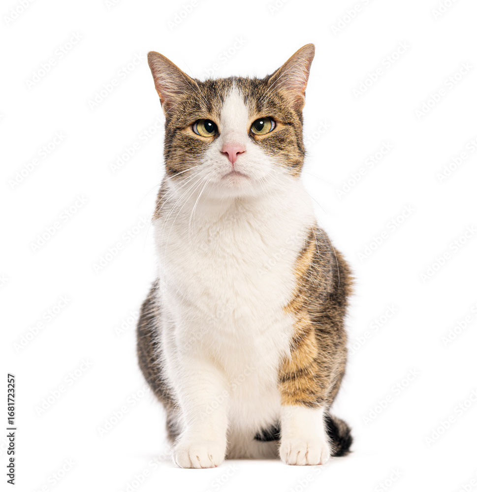 Obraz premium Crossbreed domestic cat sitting and looking with squinted eyes on white background