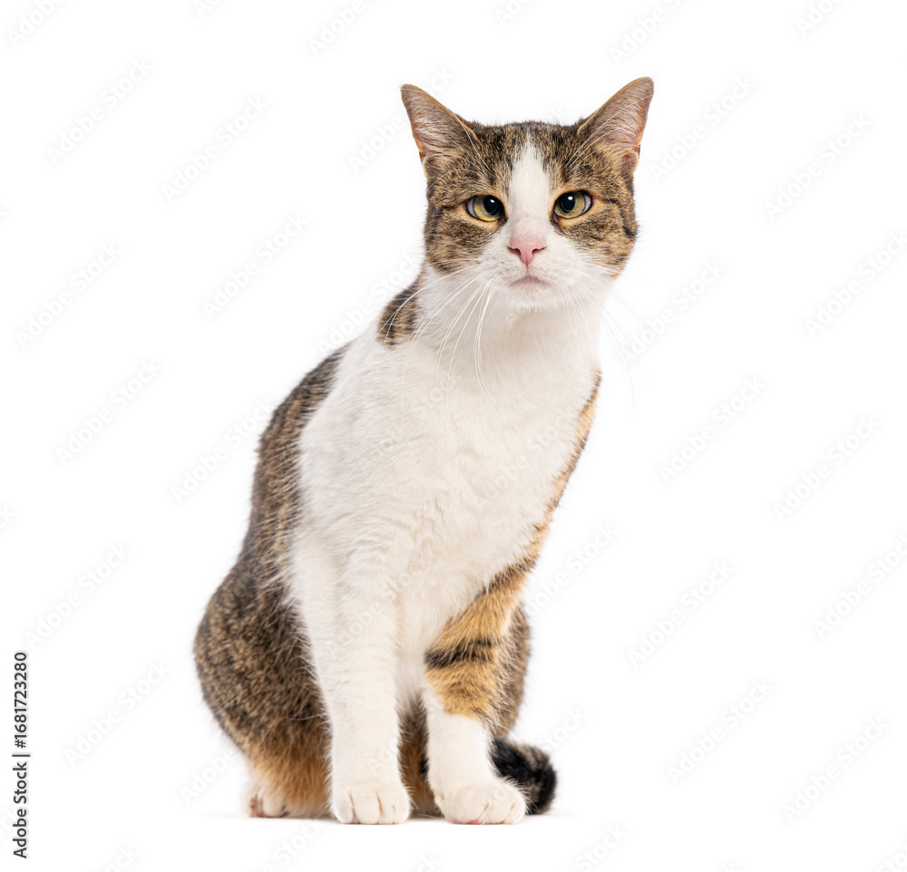 Fototapeta premium Crossbreed domestic cat sitting and looking with squinted eyes on white background
