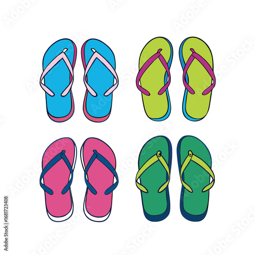 Blue pink green yellow flip flops footwear summer