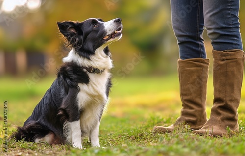 Border Collie Sits Attentively Beside Handler in Sunny Autumn Field With Lush...