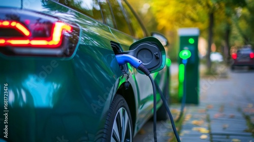 Charging electric vehicle closeup urban charging station photography green environment eye-level view electric car concept
