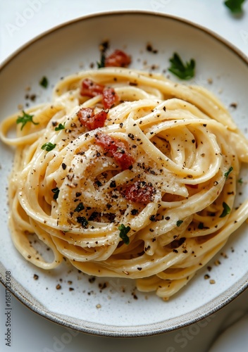 Delicious Spaghetti Dish Prepared With Cream and Garnished With Herbs.