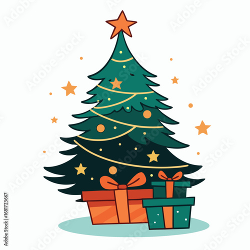 Festive decorated evergreen tree with presents and stars christmas
