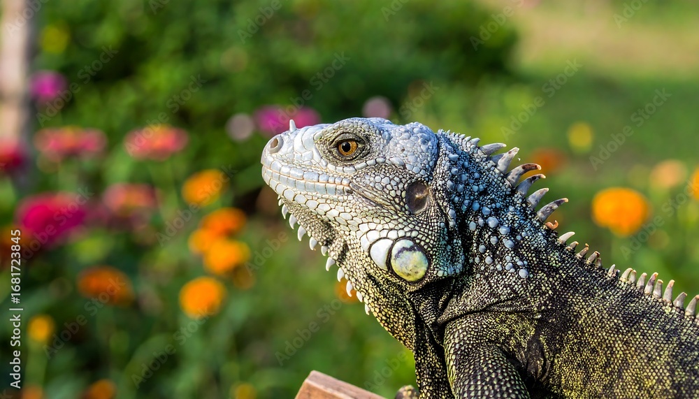 Obraz premium Green Iguana Reptile Close Up Portrait in a Garden with Colorful Flowers.