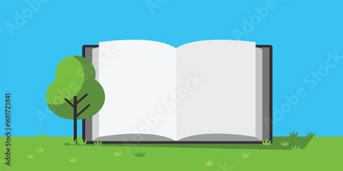An open book with blank pages sits next to a stylized tree on grass.