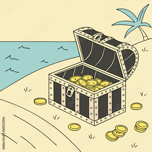 Treasure Chest Full Of Gold Coins On Sandy Beach With Palm Tree And Ocean open chest wealth