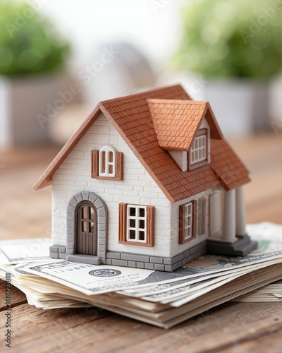 A miniature house model is placed atop a stack of United States dollar bills, symbolizing the concept of home ownership, financial investment, and the cost of real estate