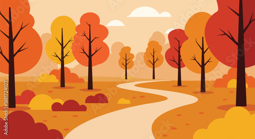 A winding path meanders through a vibrant autumnal forest, showcasing colorful trees and foliage under a soft sky.