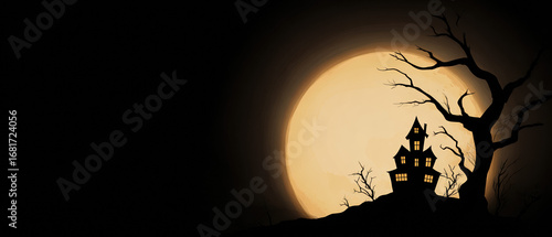 Silhouette of a haunted house and a leafless tree against a massive full moon, set in a spooky dark night.