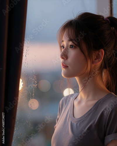 A contemplative Asian woman looking out a window at a bustling metropolitan city and raindrops on the glass, creating a poignant and emotional scene of urban loneliness and introspection

