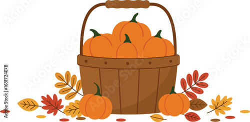 A basket overflowing with pumpkins, surrounded by colorful autumn leaves.