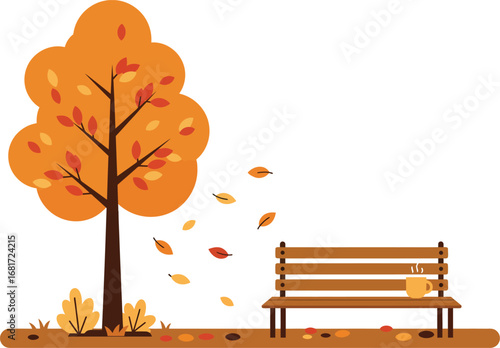 Autumnal park scene with a tree, bench, and falling leaves; a warm beverage rests on the bench.