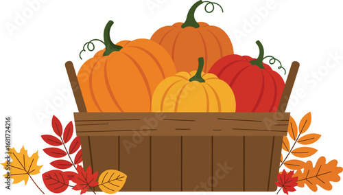 A rustic wooden basket overflowing with vibrant orange and red pumpkins, surrounded by autumn leaves.