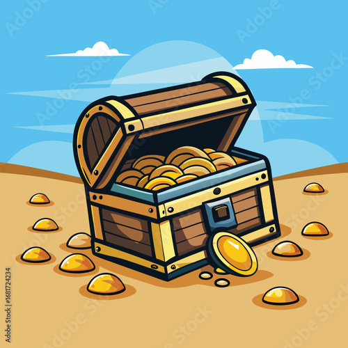 Treasure Chest Overflowing With Gold Coins On A Sandy Beach vector illustration