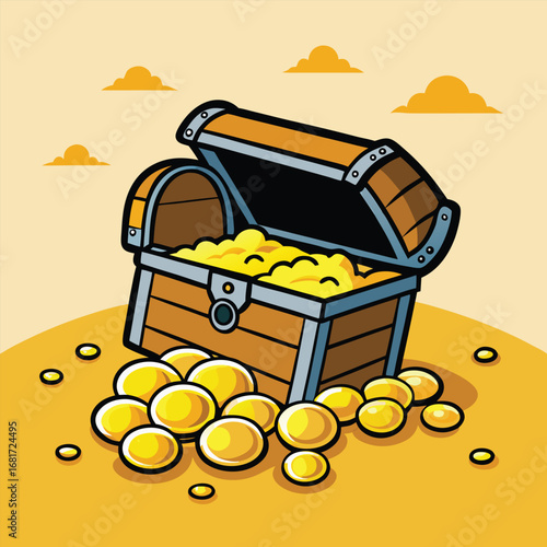 Treasure Chest Full Of Gold Coins On A Sandy Hill With Clouds vector illustration