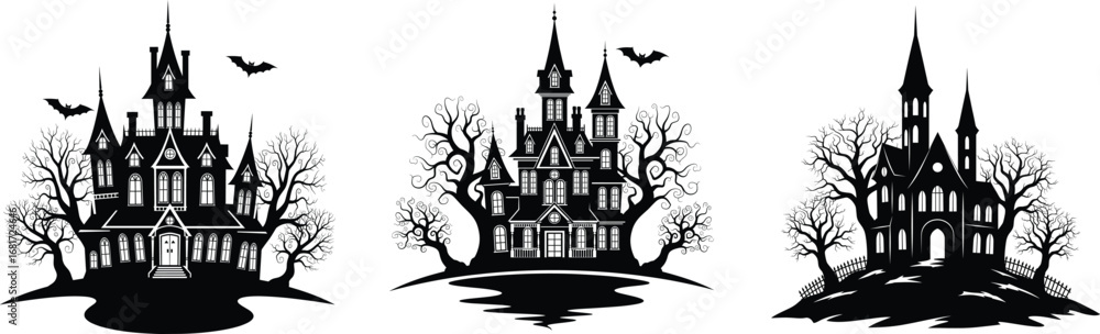 Fototapeta premium Silhouette of Haunted Vampire Castle and Ghost House on Halloween Night
