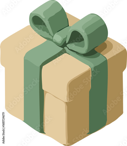 This image shows an isometric illustration of a beige gift box wrapped with a green ribbon and topped with a large bow.