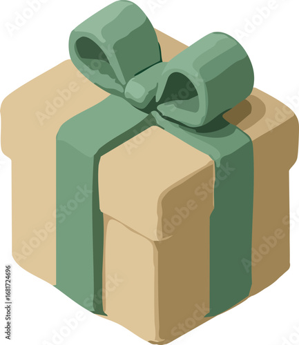 This image shows an isometric illustration of a beige gift box wrapped with a green ribbon and topped with a large bow.