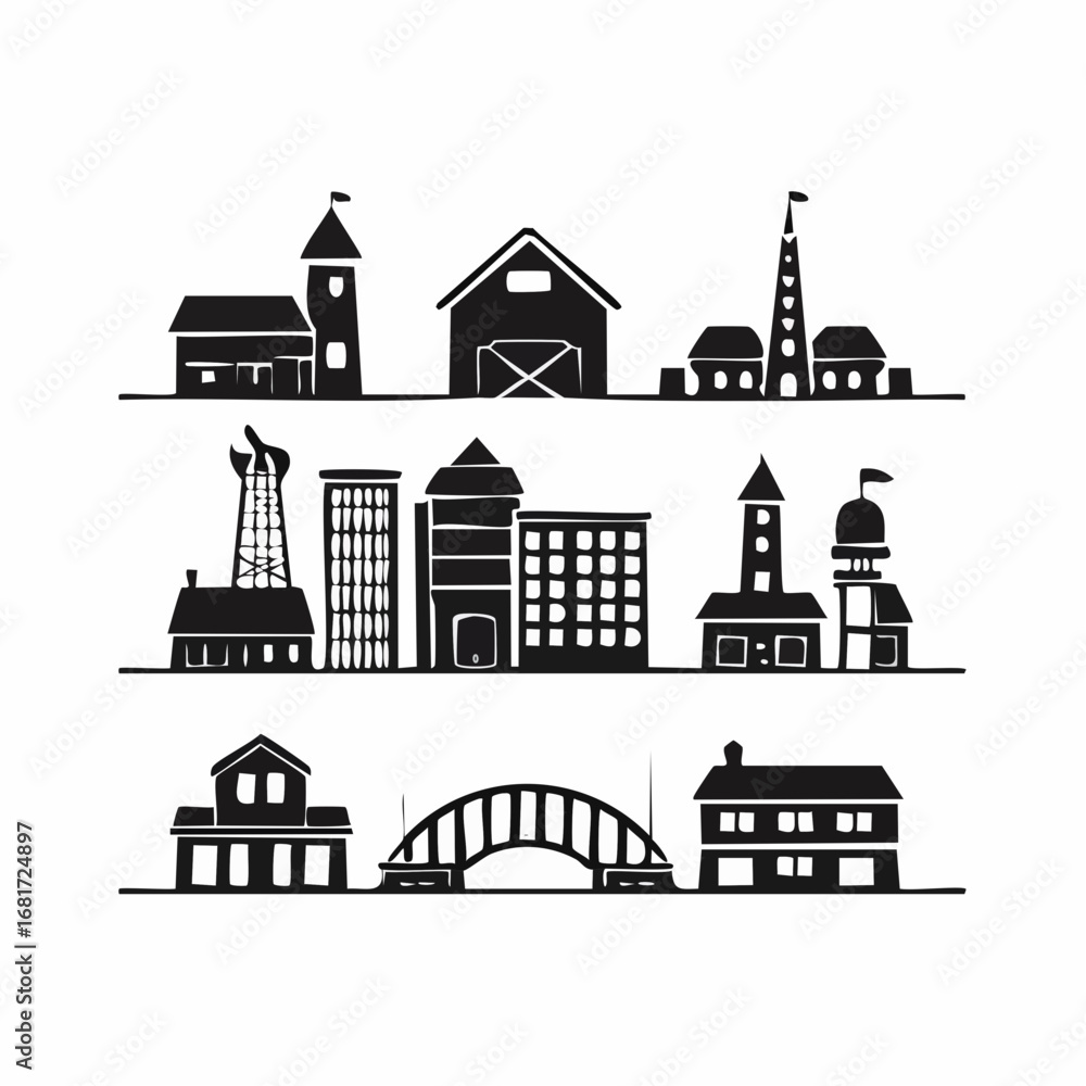Fototapeta premium A collection of stylized silhouette buildings, depicting cityscapes and structures