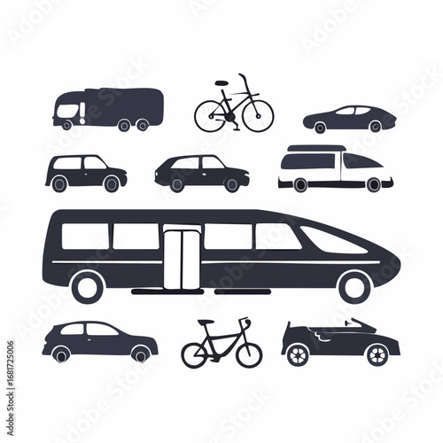 Collection of various vehicles in silhouette form. Featuring different transportation modes like bus, car, and bicycle