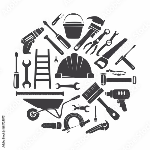 A collection of construction tools, arranged in a circular design. These tools represent the essentials for building and renovation