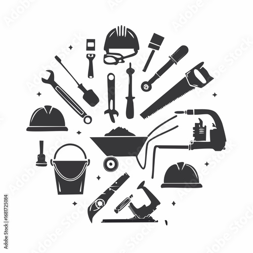 Construction tools arranged in a circular design, highlighting essential equipment for building projects
