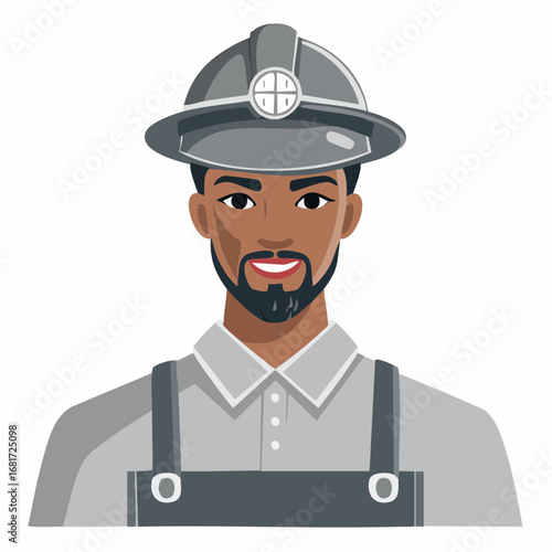 A smiling miner in a gray helmet, with a beard, dressed in work overalls, facing the camera