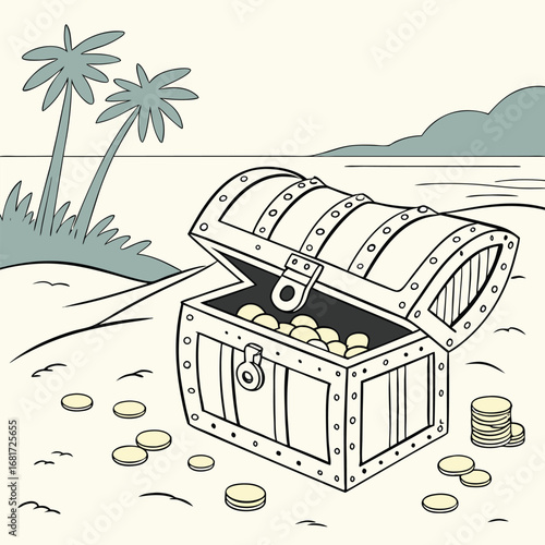 Treasure Chest With Gold Coins On A Tropical Beach With Palm Trees open money