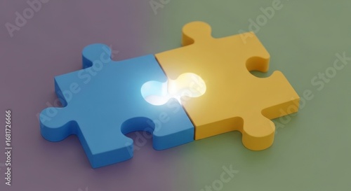 Two complementary puzzle pieces, light-blue and pale-yellow, joined together, highlighting a sense of unity and connection.