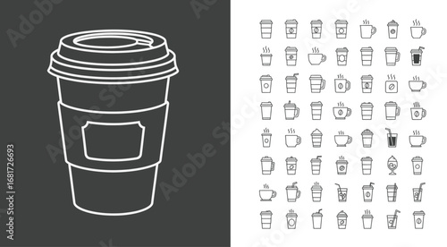 Coffee Cup Icon Collection Featuring Detailed Line Drawing and 48 Stylized Variations Including Lids, Sleeves, Handles, and Straws for Branding and Design Use