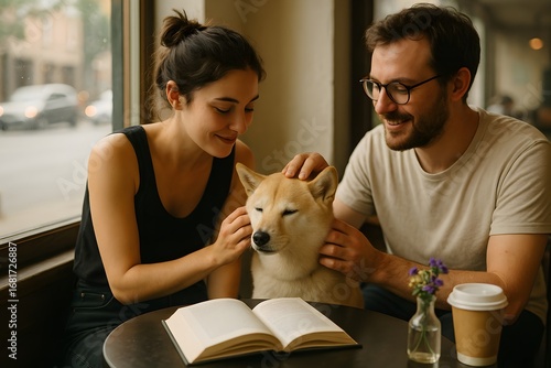 Shiba Inu with Two People in Cozy Café Setting Featuring Coffee Cup, Open Book, and Purple Flowers