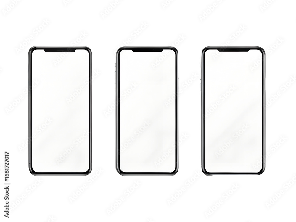 Three modern smartphones with blank white screens arranged side by side in a row showcasing a clean and minimalist design isolated on transparent background