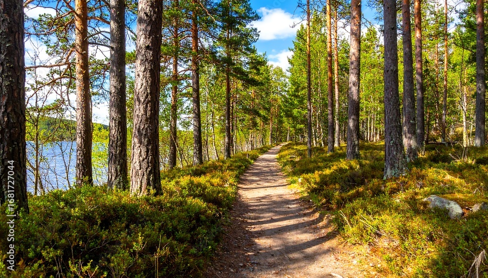 Fototapeta premium A sun-drenched forest path winds alongside a tranquil lake, bathed in soft sunlight.