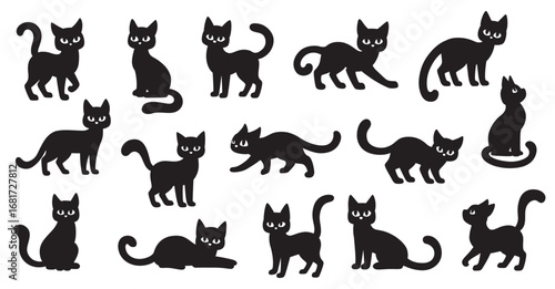Black cats silhouettes set for Halloween and other. Cat shapes isolated on white background. Vector collection on white background.