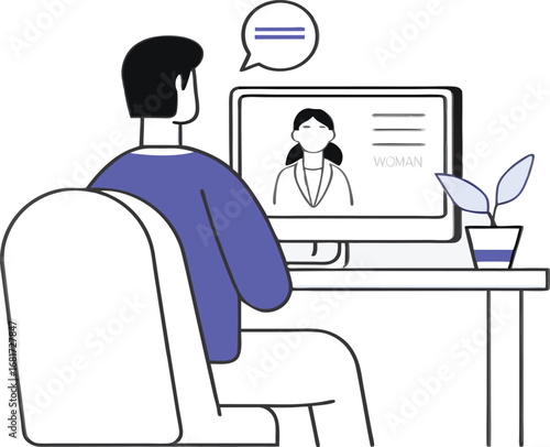 Vector art of man is having a video call with a woman on his computer