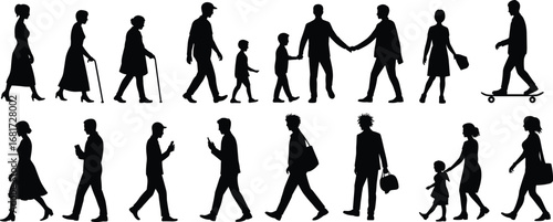 Human silhouettes, diverse people, walking, interacting, children, elderly, urban lifestyle, black figures, white background, social behavior, everyday activity