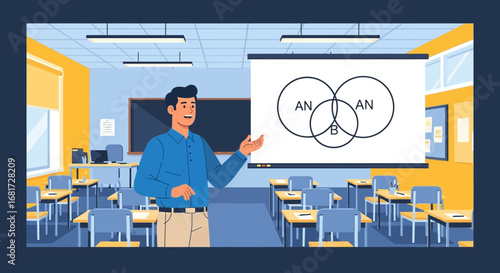 Enthusiastic male teacher presenting set theory in bright classroom scenario