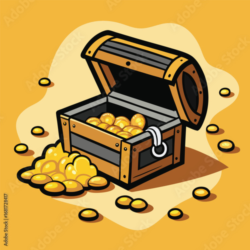 Wooden Treasure Chest Overflowing With Gold Coins On Yellow Background open chest wealth