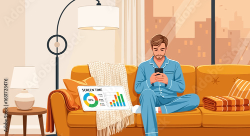 Leisurely Morning: Man Relaxing in Pajamas with Phone and Screen Time Analytics