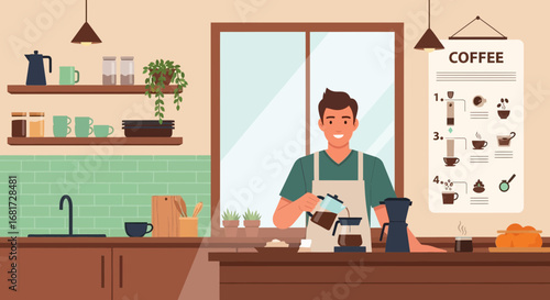 Barista skillfully preparing pour-over coffee in a cozy, well-lit cafe setting