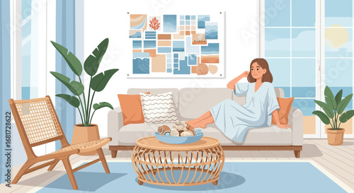 Coastal home relaxation scene with woman lounging on sofa near the sea