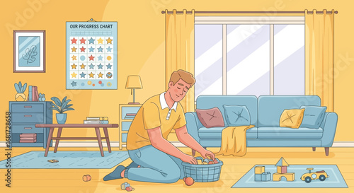 A man cleaning up toys in a cartoon illustration of a cozy, sunny living room