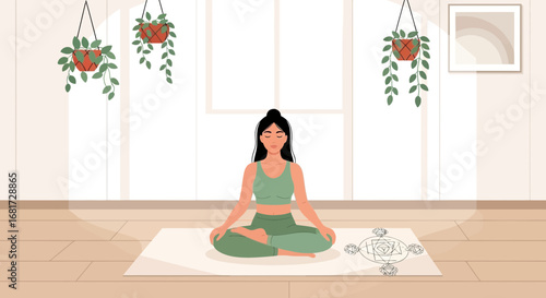 Woman practicing meditation indoors, serene yoga pose with indoor plants backdrop