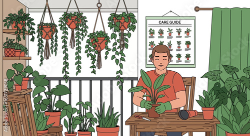 Illustrative depiction of a man tending to houseplants in a tranquil indoor garden setting