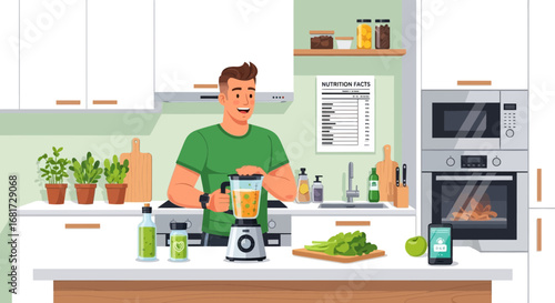 A healthy man using a blender for a nutritious smoothie in a well-equipped kitchen