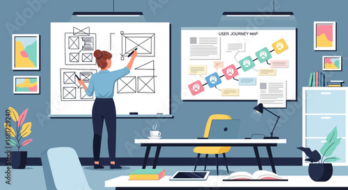 Woman sketching website layouts and user journey map in a creative workspace