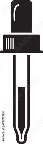 Simple black silhouette icon of a glass dropper with a rubber bulb ribbed cap and liquid