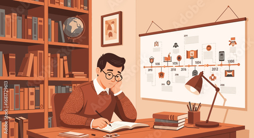 Pensive student immersed in historical timeline research at home study room